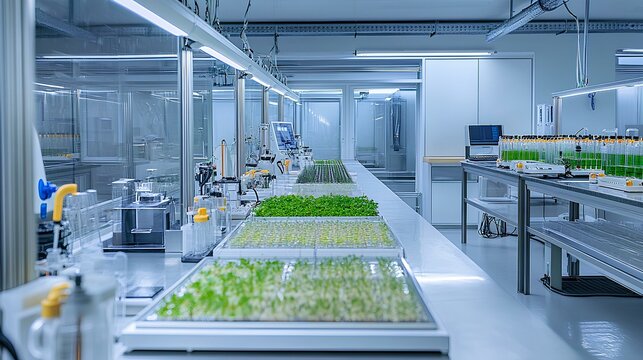 A modern laboratory with rows of trays growing plants under bright lights, showcasing a clean, high-tech environment for research and cultivation.