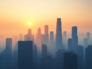 City skyline at sunrise with misty atmosphere, stunning view.