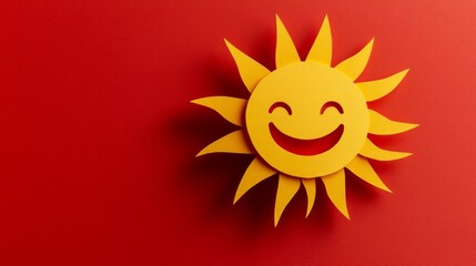 Happy sun paper cut on red background cheerful summer-themed design perfect for children&rsquo;s books or festive posters
