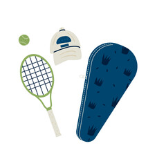 Tennis equipment set isolated on white background. Racket, cap, ball and tennis bag. Vector hand drawn illustration