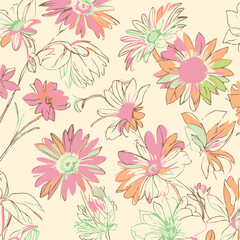 Cute hand drawn abstract flowers print. Modern cartoon style pattern. Fashionable template for design. Pink flower pattern, with blue backgrounds, vibrant acrylic colors brush strokes, vibrant florals