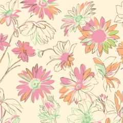 Fotobehang Tropische Bladeren Cute hand drawn abstract flowers print. Modern cartoon style pattern. Fashionable template for design. Pink flower pattern, with blue backgrounds, vibrant acrylic colors brush strokes, vibrant florals  © DESIGN CENTER