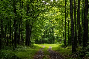 Obraz premium Sunlight filtering through trees in a lush green forest with dirt path