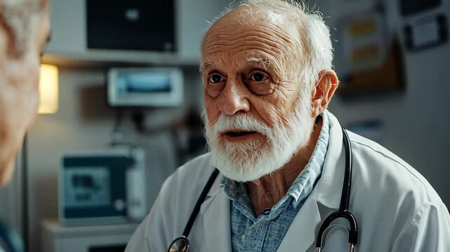Elderly doctor consulting a patient about health concerns in a clinical setting during daytime hours