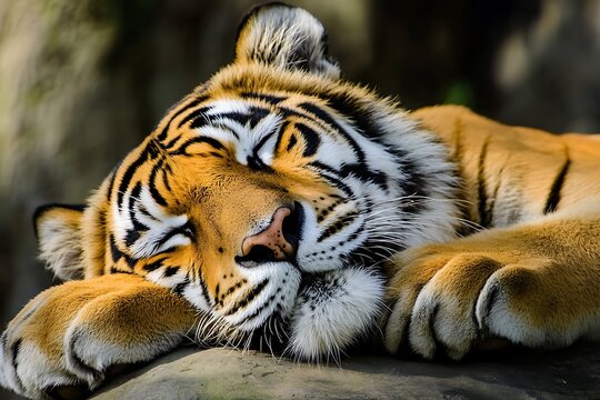 Close up portrait of a sleeping tiger with stripes and white whiskers