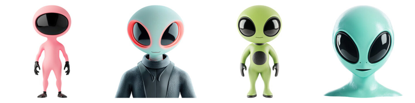 A collection of colorful alien figures with distinct designs, set against a black background, showcasing whimsical extraterrestrial themes.