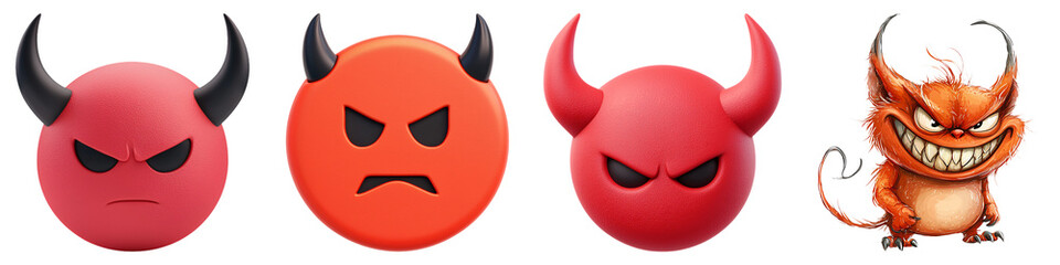Four cartoonish devil faces with varying expressions, showcasing playful and mischievous traits against a black background.