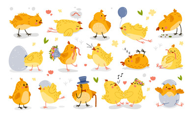 Cartoon funny chick characters, cute Easter bird baby vector set. Kawaii little chicken personages hatch from egg shell, wear gentleman attire, prepare to fight, sleeping, peck the grains and chirping © Buch&Bee