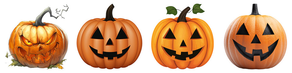 A collection of four carved pumpkins with varying expressions, set against a black background, ideal for Halloween themes.