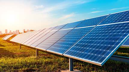 Solar panels in a field during sunset with city skyline.