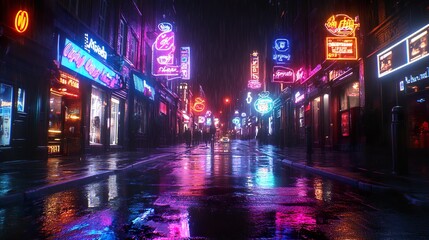 Dark urban street illuminated by glowing neon signs wallpaper design picture