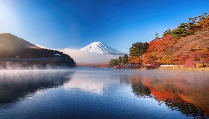 Colorful autumn season with pink blossom and Mount Fuji with morning mist and red leaves at Lake in the morning