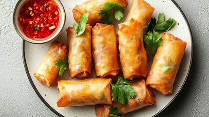 Crispy Fried Spring Rolls with Cilantro Garnish and Chili Dipping Sauce