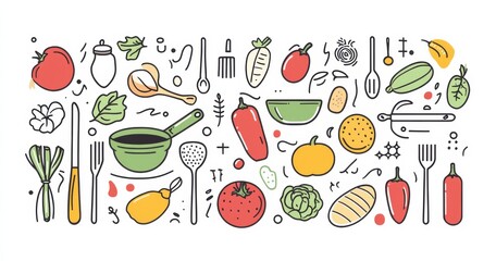 Colorful vector illustration of cooking utensils and vegetables   on a white background. Perfect for culinary themes, cooking blogs, and recipe books.