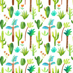 Watercolor illustration with cacti, seamless pattern
