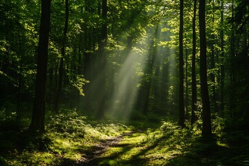 Fototapeta premium Sunbeams through the Trees in a Lush Green Forest