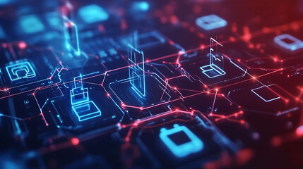 Abstract digital circuit board with glowing lines and data icons.