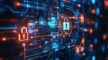 Digital security concept with blue and orange lock icons on a circuit board.