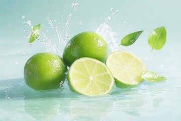 Fresh limes with splashing water and leaves