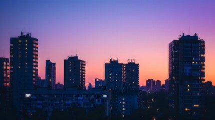 Fototapeta premium Cityscape with Silhouetted Buildings at Dusk with Pink and Blue Sky
