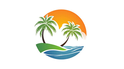 Palm trees and sunset on beach.