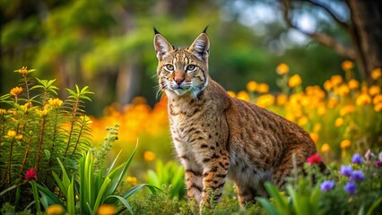 Majestic Florida Bobcat in Natural Habitat Surrounded by Lush Vegetation and Wildflowers