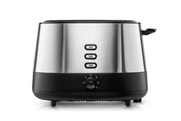 Stylish stainless steel toaster featuring adjustable settings isolated. Transparent PNG image.
