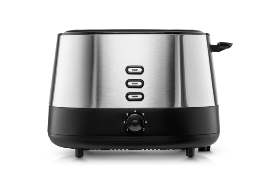 Stylish stainless steel toaster featuring adjustable settings isolated. Transparent PNG image.