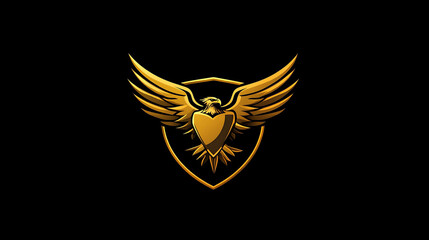 Obraz premium Golden eagle logo with wings spread and shield.