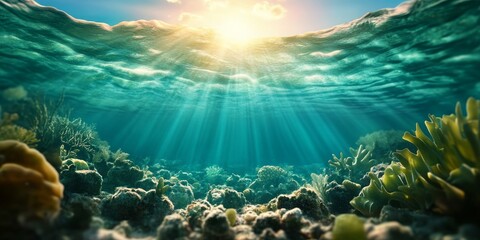 Fototapeta premium Sunlight streams through the clear water, illuminating a vibrant coral reef below the surface.