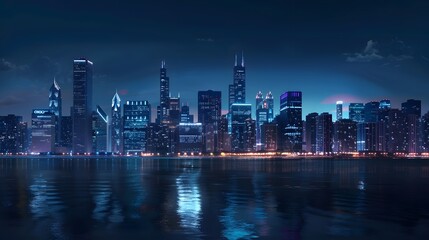 Nighttime Skyline of a City with Illuminated Buildings Reflected in the Water