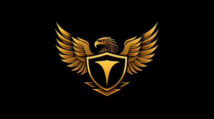 Golden eagle with wings spread wide, perched atop a black shield.