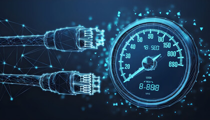 Abstract low poly 3d network cable and speedometer in dark blue. Super fast internet connection, speed test gauge concept. Digital vector mesh wireframe with lines, dots, shapes and glowing particles.