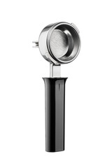 Steel portafilter with a black handle isolated, essential for brewing espresso in a professional or home coffee maker. Transparent PNG image.