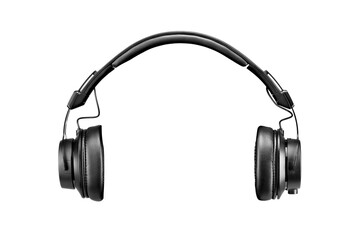Modern black professional headphones isolated. Front view. Transparent PNG image.