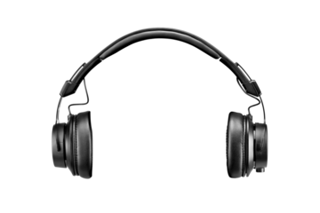 Modern black professional headphones isolated. Front view. Transparent PNG image.