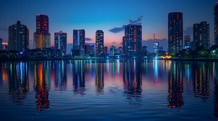 Fototapeta premium Nighttime Reflection of a City Skyline Over Water