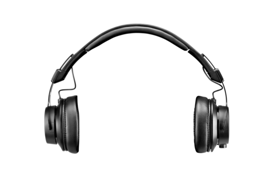 Modern black professional headphones isolated. Front view. Transparent PNG image.