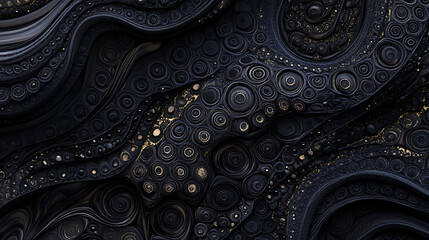 Abstract background with black and gold swirls and circles.