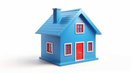 A colorful blue house model with red accents, symbolizing home and shelter.
