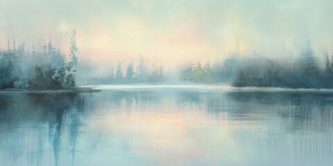 A serene landscape depicting a misty lake surrounded by trees at dawn.
