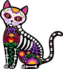 Day of the dead Mexican cat animal skeleton tattoo. Isolated cartoon vector dia de los Muertos feline kitten pet sugar skull, featuring colorful floral alebrije patterns and vibrant skeletal details