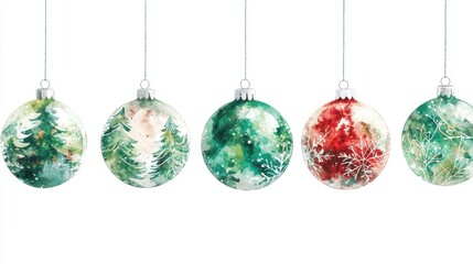 Hanging Green and Red Christmas Baubles on White Background