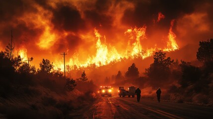 Obraz premium Firefighters Facing a Wall of Flames