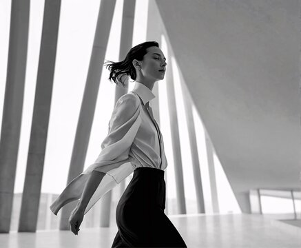 Urban Flow: Woman in motion, striding through a modern architectural space, black and white photography. 
