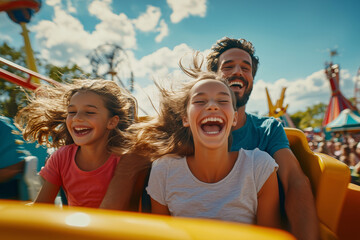 Smiling family enjoying a rollercoaster ride at an amusement park