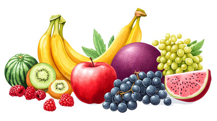 Cartoon-style Fruit Illustration Featuring a Colorful Assortment of Fresh Fruits