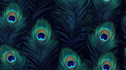 Elegant Peacock Feather Seamless Pattern in Minimalistic Layout with Iridescent Greens and Blues