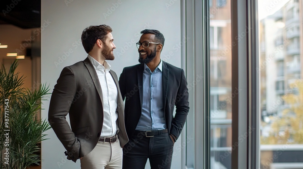 Poster Strategic Cityscape Conversations: Two businessmen, sharply dressed, engage in animated discussion with a panoramic city view as their backdrop, hinting at ambition and collaborative success. 