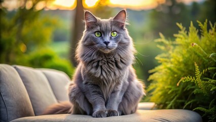 Medium Hair Gray Cat Sitting Gracefully on a Soft Couch with a Calm and Relaxed Expression